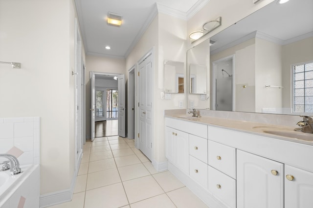 bathroom with tile patterned floors, vanity, and ornamental molding