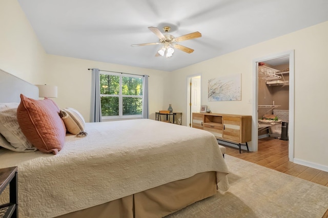 bedroom featuring light wood-type flooring, a closet, a walk in closet, and a ceiling fan