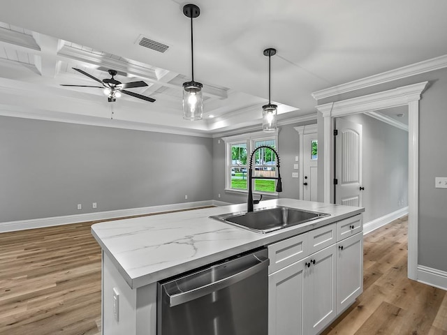 kitchen with sink, a kitchen island with sink, coffered ceiling, white cabinets, and stainless steel dishwasher