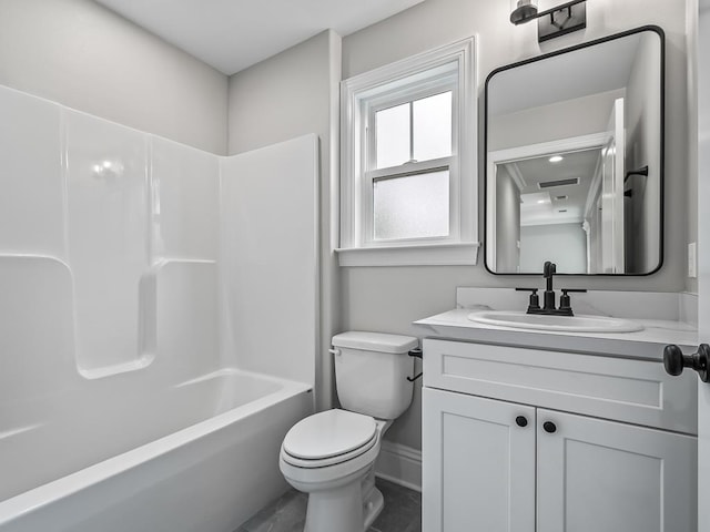 full bathroom featuring vanity, shower / washtub combination, and toilet