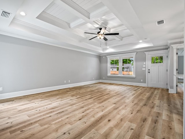 unfurnished living room with coffered ceiling, crown molding, beamed ceiling, ceiling fan, and light hardwood / wood-style floors