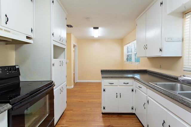 1318 W Tharpe St, Tallahassee, FL 32303 - kitchen featuring black range with electric cooktop, under cabinet range hood, light wood-style flooring, and white cabinets