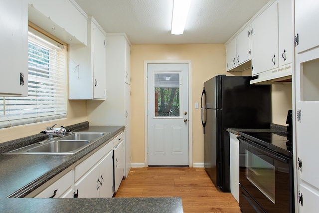 1318 W Tharpe St, Tallahassee, FL 32303 - kitchen with black / electric stove, under cabinet range hood, a sink, light wood-type flooring, and white cabinets