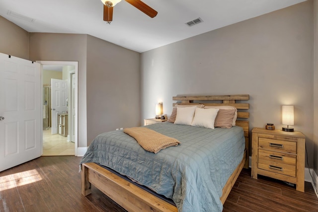 bedroom featuring ceiling fan and dark wood-type flooring