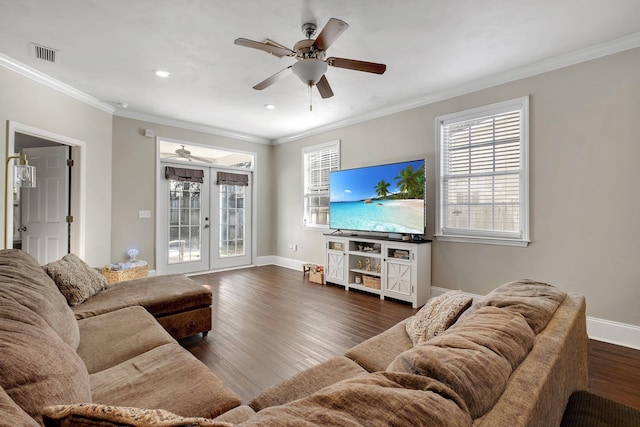 living room with french doors, dark hardwood / wood-style floors, ceiling fan, and crown molding