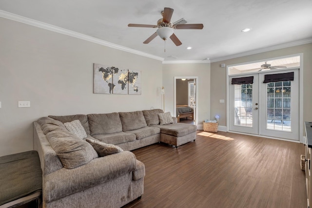 living room featuring french doors, ceiling fan, crown molding, and wood-type flooring