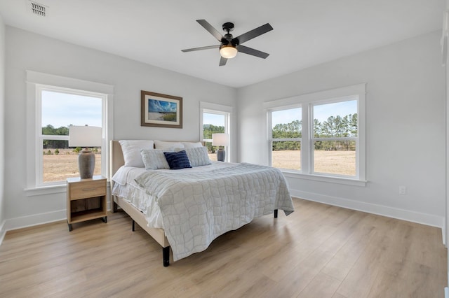 bedroom with ceiling fan and light hardwood / wood-style floors