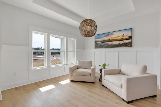 living area featuring a raised ceiling and light wood-type flooring