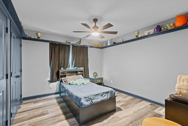 bedroom with light hardwood / wood-style floors and ceiling fan