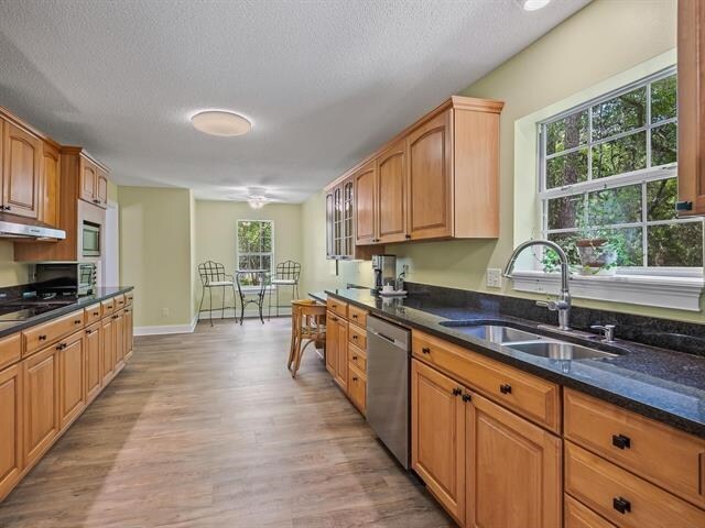 kitchen with sink, dark stone countertops, a textured ceiling, stainless steel dishwasher, and light wood-type flooring