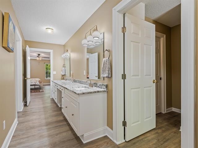 bathroom with vanity, wood-type flooring, ceiling fan, and a textured ceiling