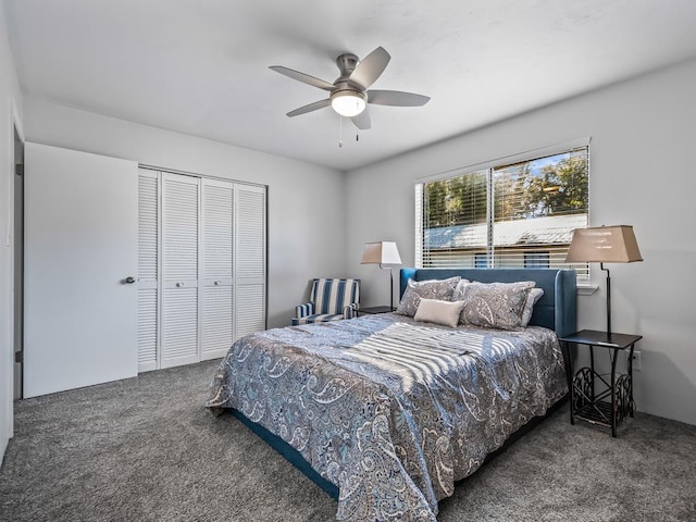 bedroom with carpet floors, a closet, and ceiling fan