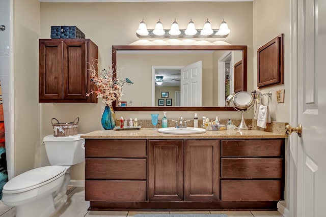 bathroom featuring toilet, vanity, tile patterned floors, and ceiling fan