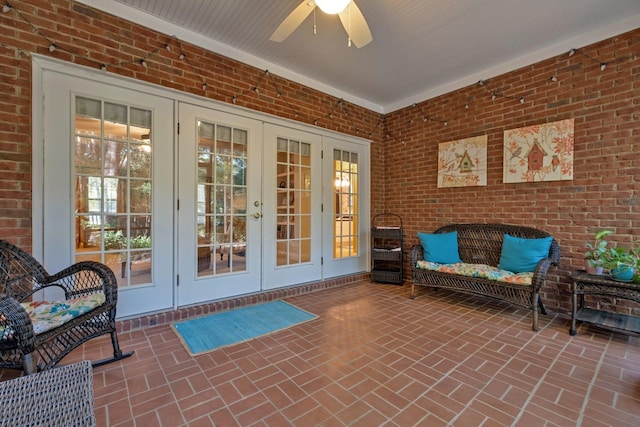 view of patio / terrace featuring ceiling fan and french doors