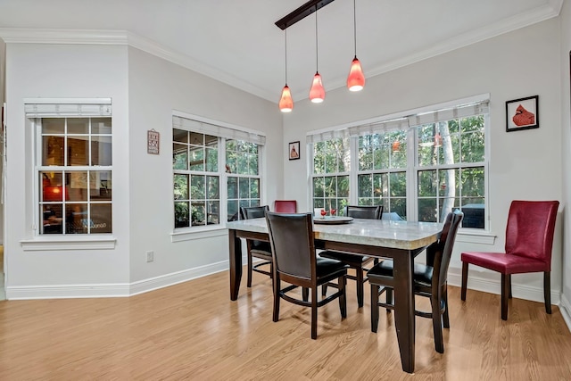 dining space featuring light hardwood / wood-style floors and ornamental molding