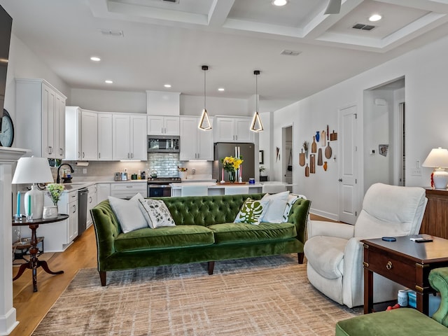 5717 Bascom Ln, Tallahassee, FL 32309 - living area with light wood finished floors, recessed lighting, coffered ceiling, and beam ceiling
