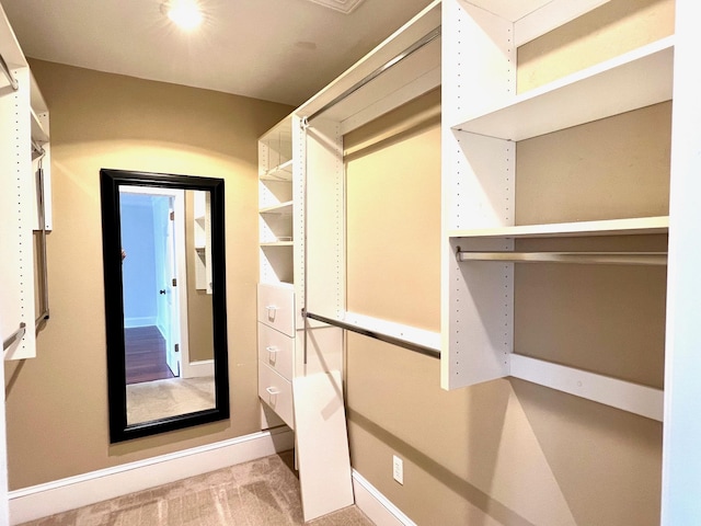 spacious closet featuring light carpet