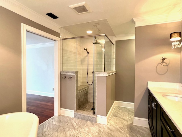 bathroom with wood-type flooring, vanity, independent shower and bath, and ornamental molding