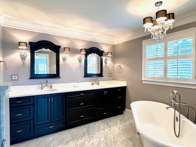 bathroom featuring a notable chandelier, vanity, a bath, and crown molding