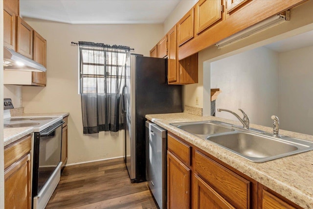 kitchen with white range with electric cooktop, dishwasher, dark hardwood / wood-style flooring, and sink