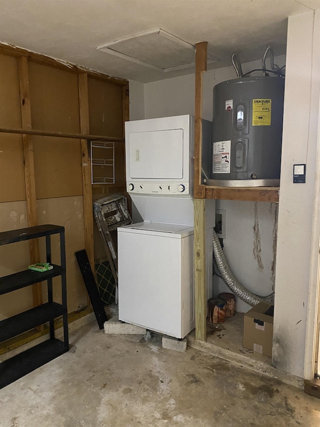 3722 Sutor Ct, Tallahassee, FL 32311 - washroom featuring stacked washer / dryer and electric water heater