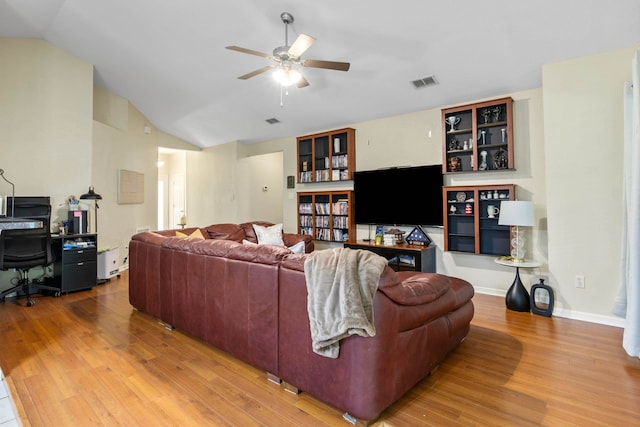 3224 Lord Murphy Trl, Tallahassee, FL 32309 - living room with visible vents, wood finished floors, lofted ceiling, and ceiling fan