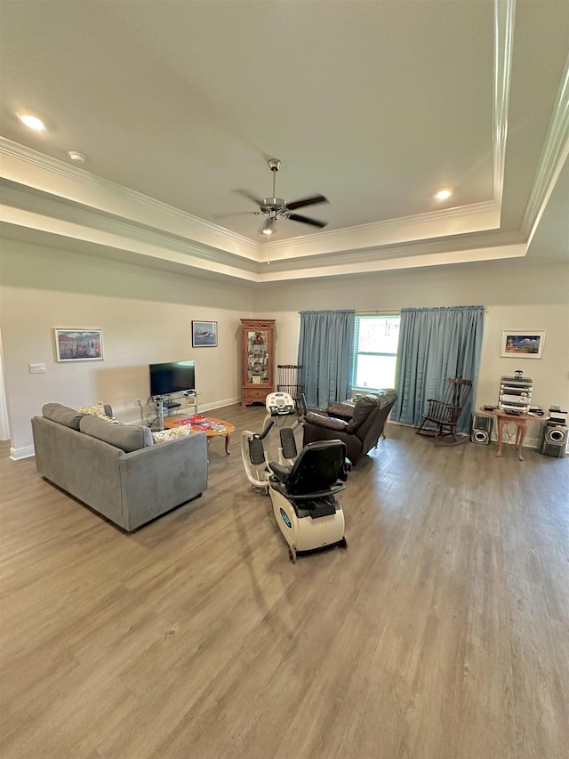 63 Windsor Way, Crawfordville, FL 32327 - living area with a raised ceiling, ornamental molding, wood finished floors, a ceiling fan, and recessed lighting