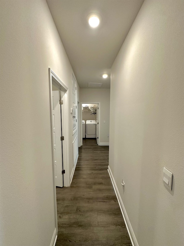63 Windsor Way, Crawfordville, FL 32327 - hallway featuring washing machine and clothes dryer and dark wood-style floors
