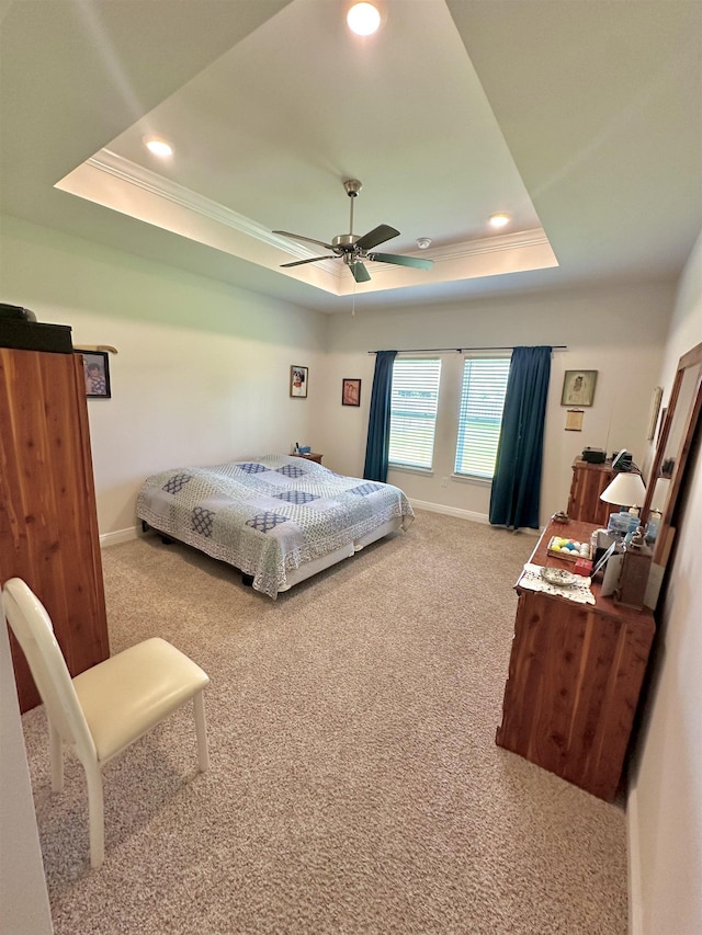 63 Windsor Way, Crawfordville, FL 32327 - bedroom featuring a tray ceiling, carpet floors, ornamental molding, recessed lighting, and ceiling fan