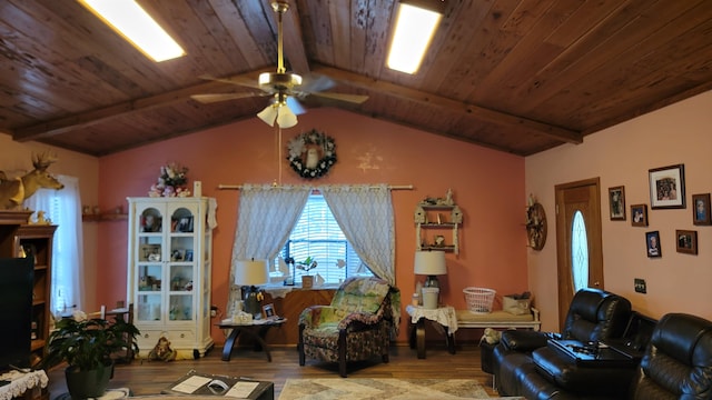 living room featuring wooden ceiling, wood-type flooring, vaulted ceiling with beams, and ceiling fan