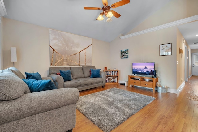 living room with wood-type flooring, high vaulted ceiling, and ceiling fan