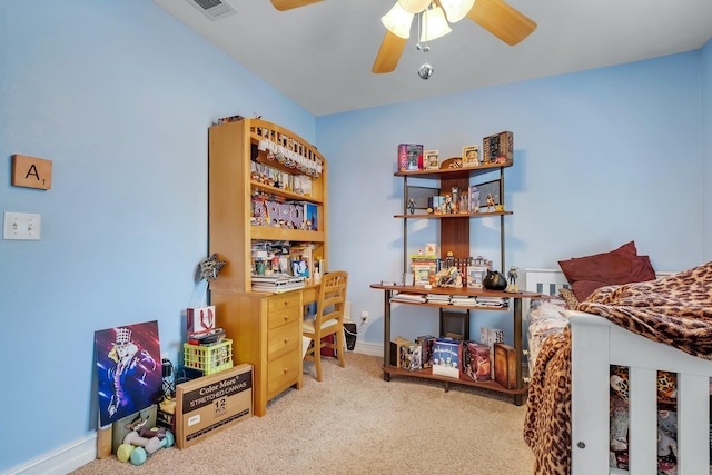 carpeted bedroom featuring ceiling fan