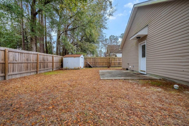 view of yard with a shed and a patio