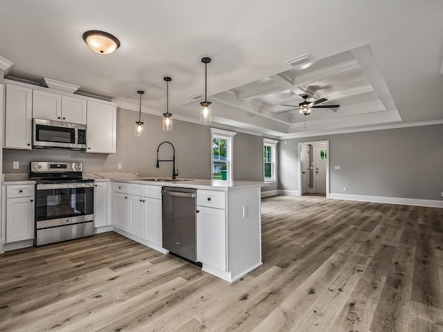 kitchen with appliances with stainless steel finishes, pendant lighting, sink, white cabinets, and kitchen peninsula