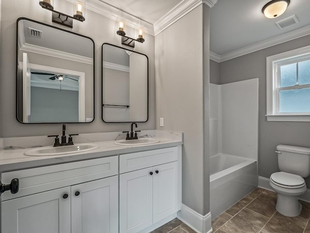 full bathroom featuring crown molding, shower / bath combination, tile patterned flooring, vanity, and toilet