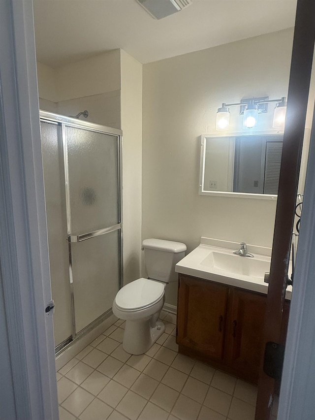 bathroom with visible vents, toilet, tile patterned flooring, vanity, and a shower stall