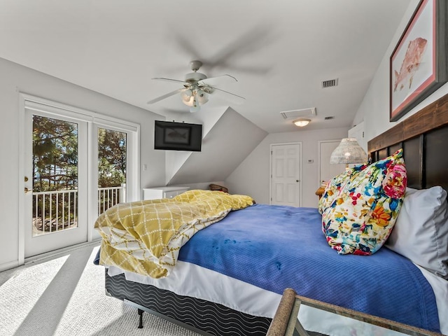 bedroom featuring access to exterior, carpet flooring, vaulted ceiling, and ceiling fan