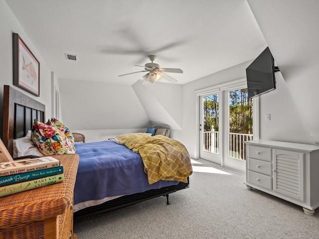 bedroom featuring access to exterior, ceiling fan, and light carpet