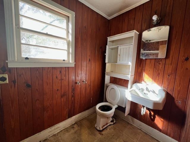 bathroom featuring toilet, wood walls, crown molding, and plenty of natural light