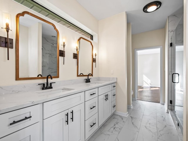 bathroom featuring vanity, toilet, and a shower with door