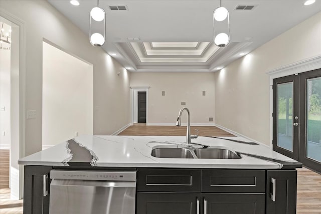 145 Oak Grove Ln, Quincy, FL 32351 - kitchen with decorative light fixtures, stainless steel dishwasher, french doors, and a raised ceiling