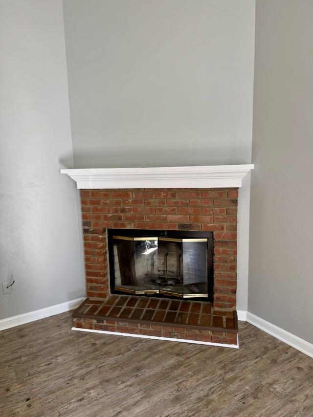 interior details with wood-type flooring and a fireplace