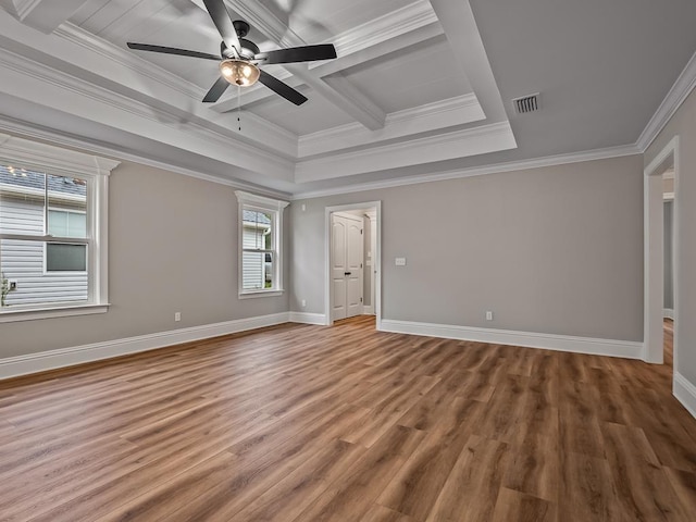 27 Spokan Trl, Crawfordville, FL 32327 - unfurnished room with crown molding, wood finished floors, a ceiling fan, coffered ceiling, and beamed ceiling