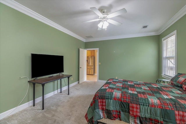 carpeted bedroom featuring baseboards, visible vents, crown molding, and stainless steel fridge with ice dispenser