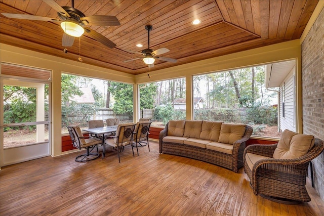 sunroom / solarium featuring a wealth of natural light, wooden ceiling, and ceiling fan