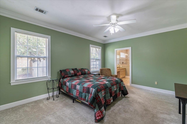 bedroom with baseboards, carpet, visible vents, and crown molding