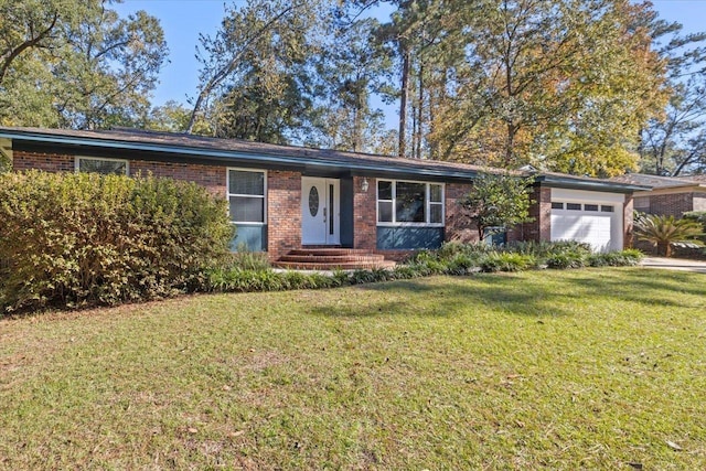 ranch-style house with a front yard and a garage