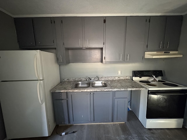 kitchen with sink, dark hardwood / wood-style floors, white appliances, gray cabinets, and ornamental molding