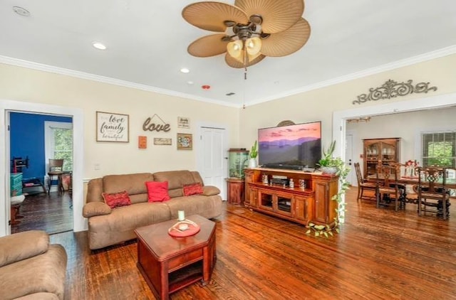 living room with dark wood-style floors, ornamental molding, a ceiling fan, and recessed lighting