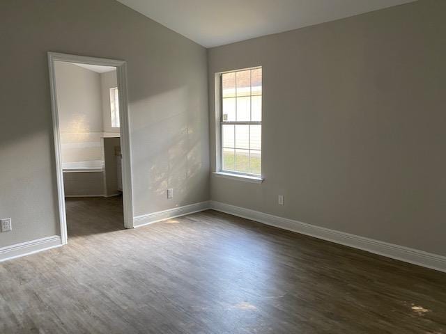 spare room featuring lofted ceiling and dark wood-type flooring